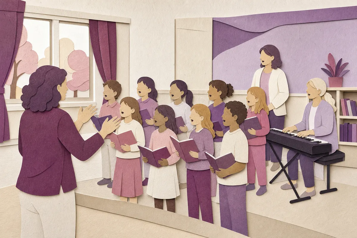 Kinder singen mit Chorleitung, Lehrkraft und Musikschullehrerin in einem Schulraum