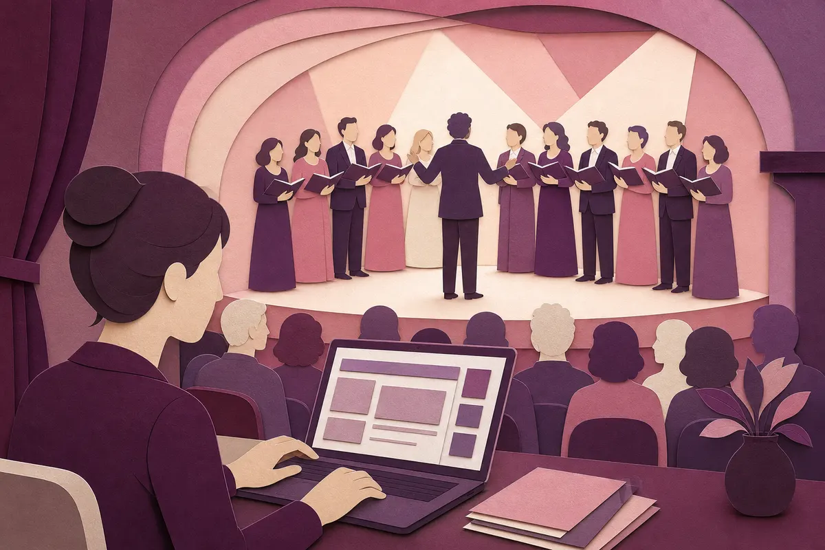 Chorverein bei einem Konzert, während eine ehrenamtliche Person die GEMA-Anmeldung am Laptop vorbereitet