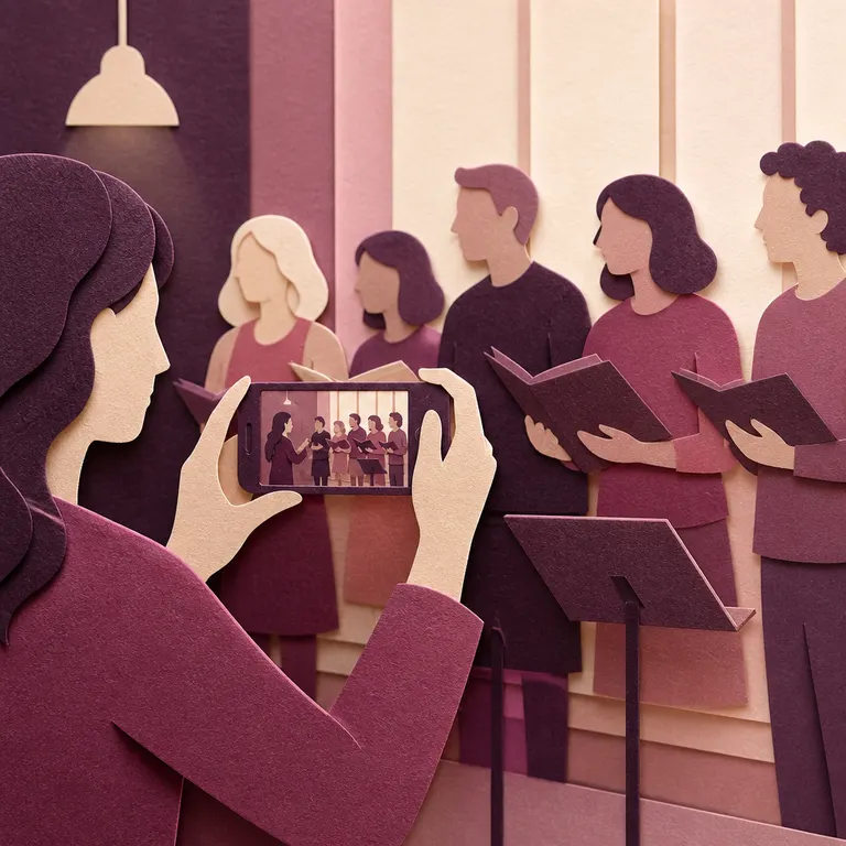 Chormitglied filmt mit dem Smartphone einen kurzen Einblick in die Chorprobe