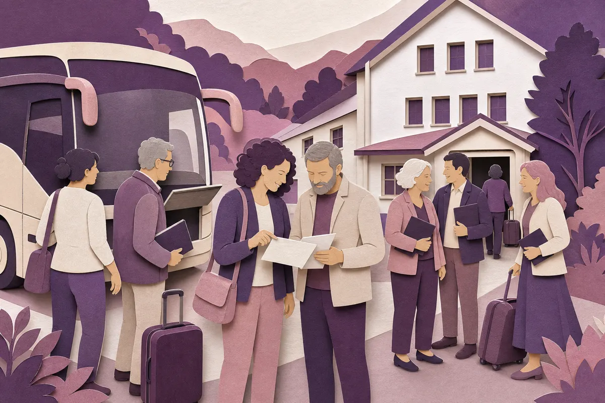 Chormitglieder prüfen vor dem Reisebus gemeinsam Teilnehmerliste und Ablaufplan